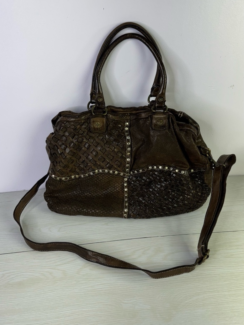 Langellotti Italian Leather Woven Patched Handbag/Crossbody Bag